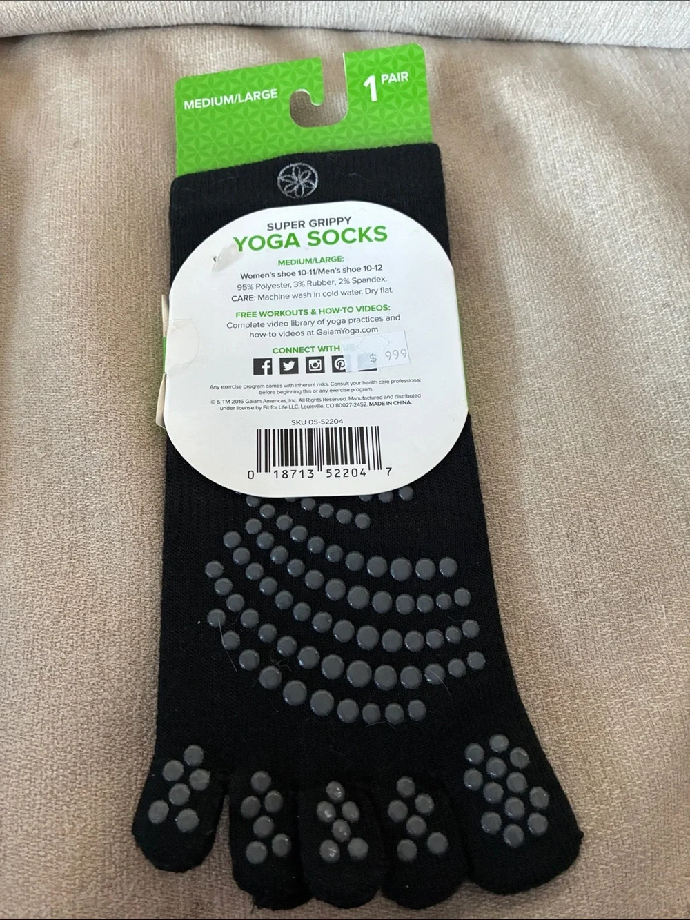 GAIAM Black Five-Toe Super Grippy Yoga Socks with Gray Dots